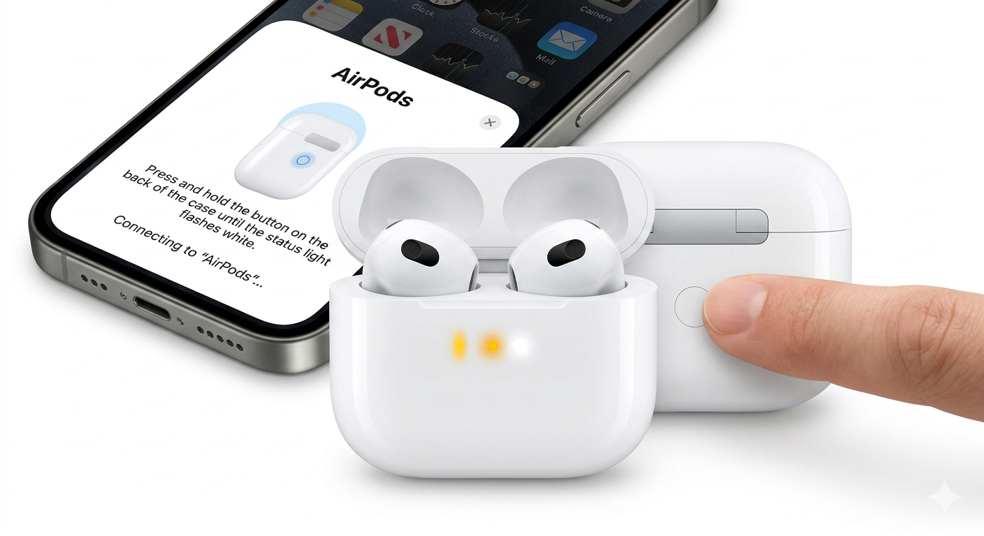 Pressing the setup button on AirPods case