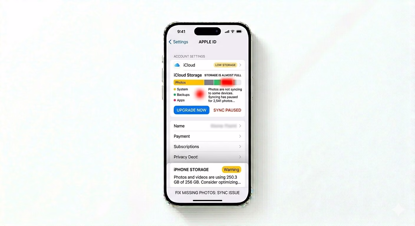 Checking Apple ID and storage for missing photos