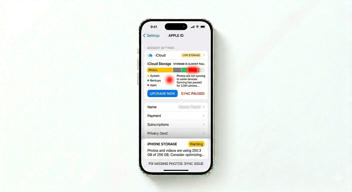 Checking Apple ID and storage for missing photos